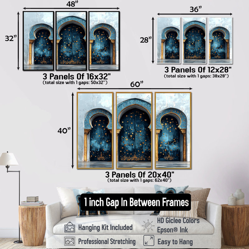 Ensemble de salon art mural bleu Rabat Kasbah Morocco Doors, H 28 po x l 36 po x P 1 po, Toile avec cadre flottant noir