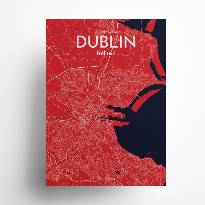 «Dublin City Map», impression de luxe, Rouge / bleu marine, H 27,6 po x l 19,7 po