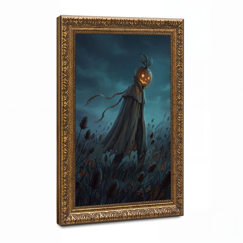 Épouvantail à tête de citrouille lumineuse et cape en lambeaux - Toile murale d'Halloween, H 36 po x l 24 po