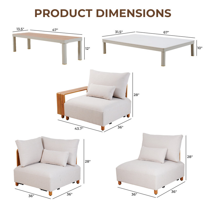 Yanali 7-Piece Modern Patio Aluminium Sectional Sofa Set