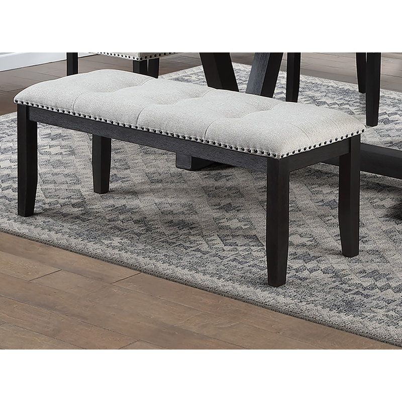 Ensemble de salle à manger 6 pièces : table avec dessus en faux marbre, chaises rembourrées et banc, pieds noirs antiques., 6
