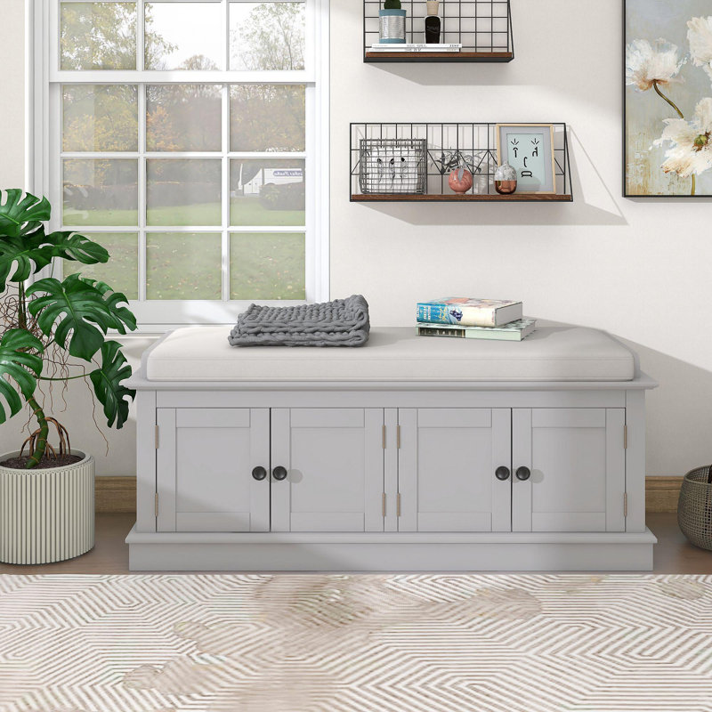 Storage Bench With 4 Doors And Adjustable Shelves, Shoe Bench With Removable Cushion For Living Room, Entryway (Gray Wash)