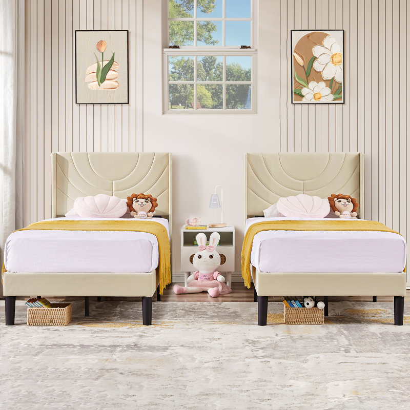 Twin Bed Frame Upholstered Platform with Headboard and Strong Wooden Slats, Beige