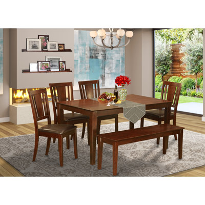 6-Piece Rectangle Mahogany Finish Solid Wood Top Dining Table with 1 Bench, 4 Chairs with Lattice Back