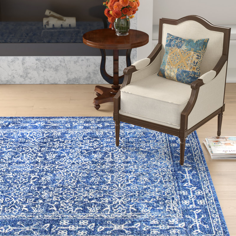 Tapis oriental bleu foncé / blanc Utterback, Rectangle 6 pi 7 po x 9 pi