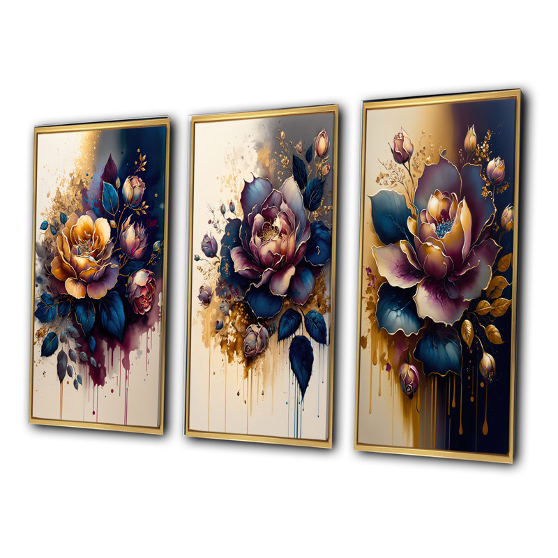 «Night Shade Rose Design», ensemble de 3 pièces d'art floral et botanique, Or, H 28 po x l 36 po