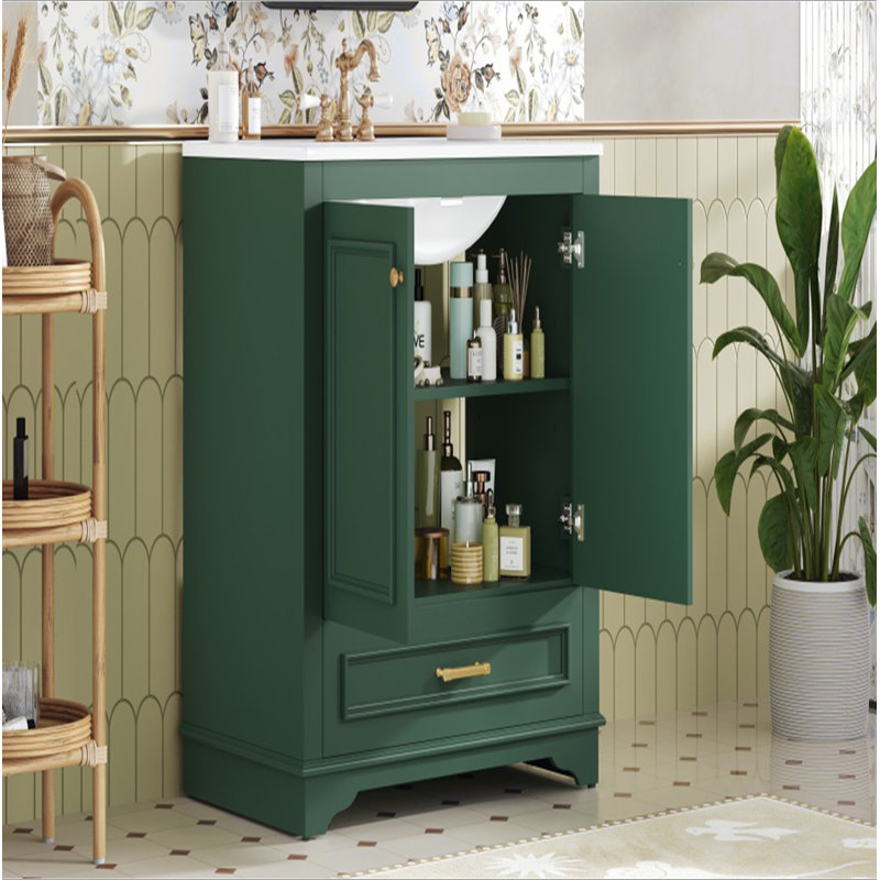 Meuble-lavabo de luxe 30 po avec lavabo en céramique, meuble-lavabo avec 2 grandes portes à fermeture douce, armoire de rangement pour salle de bain