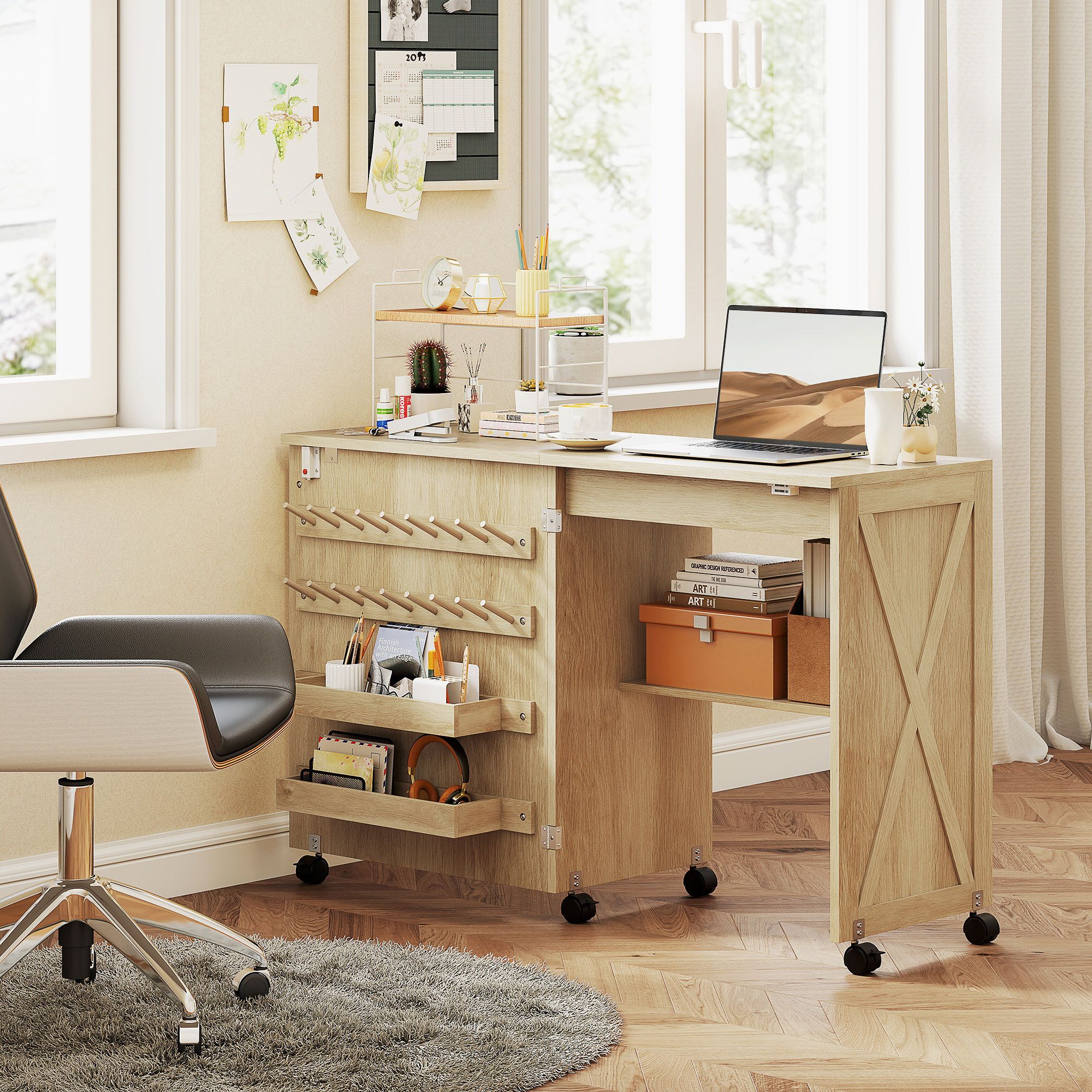 HomCom Folding Sewing Table, Rolling Craft Table with Storage, Natural ...