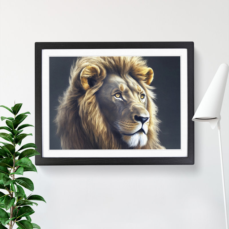 Relaxed Lion - Single Picture Frame Painting, Black Framed, 46cm H x 64cm W x 2cm D