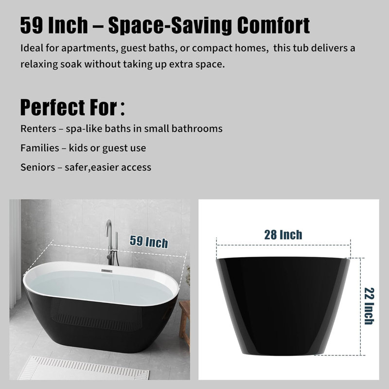 Freestanding Bathtub 59/67 inch Acrylic Soaking Tub with Chrome Drain and Overflow, Compact Modern Bath for Bathroom Upgrade and Relaxing Home Spa Experience
