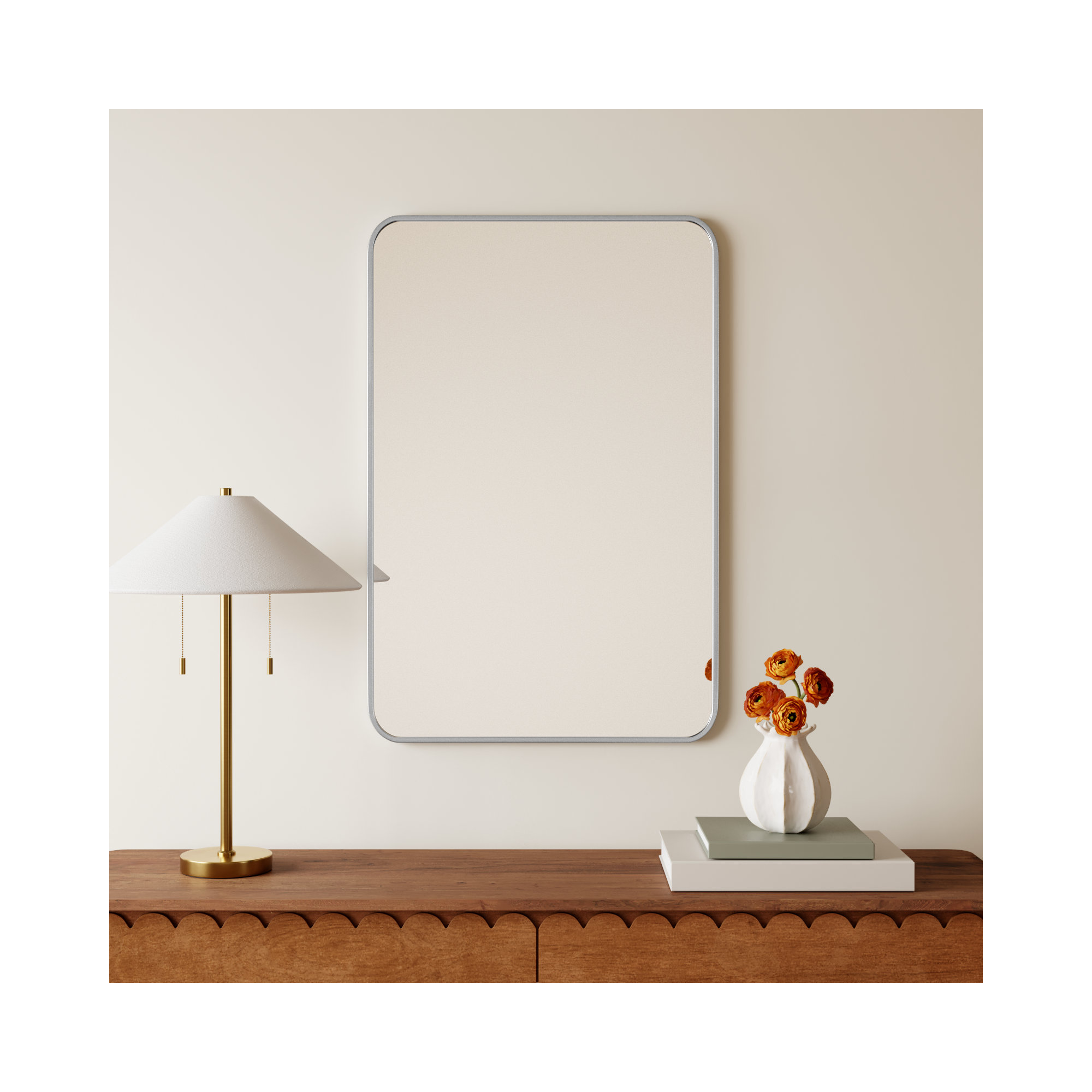 Sabine Metal Rounded Rectangle Wall Mirror, Silver, 36'' H x 24'' W