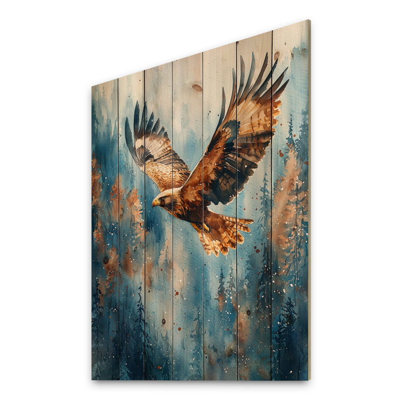 Brown Eagle In Flight III - Bird Wood Wall Art - On Natural Pine Wood, 20" H x 10" W x 0.78" D