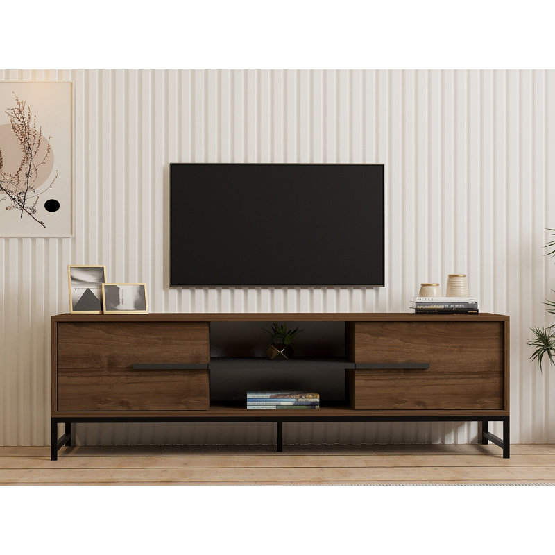 Meuble télé moderne, couleur noyer, 63,0 po x 19,7 po x 15,7 po | 100% panneau de particules enduit de mélamine, épaisseur: 0,7 pouce | Fixation murale avec de nombreuses tablettes pour un rangement supplémentaire, design industriel élégant