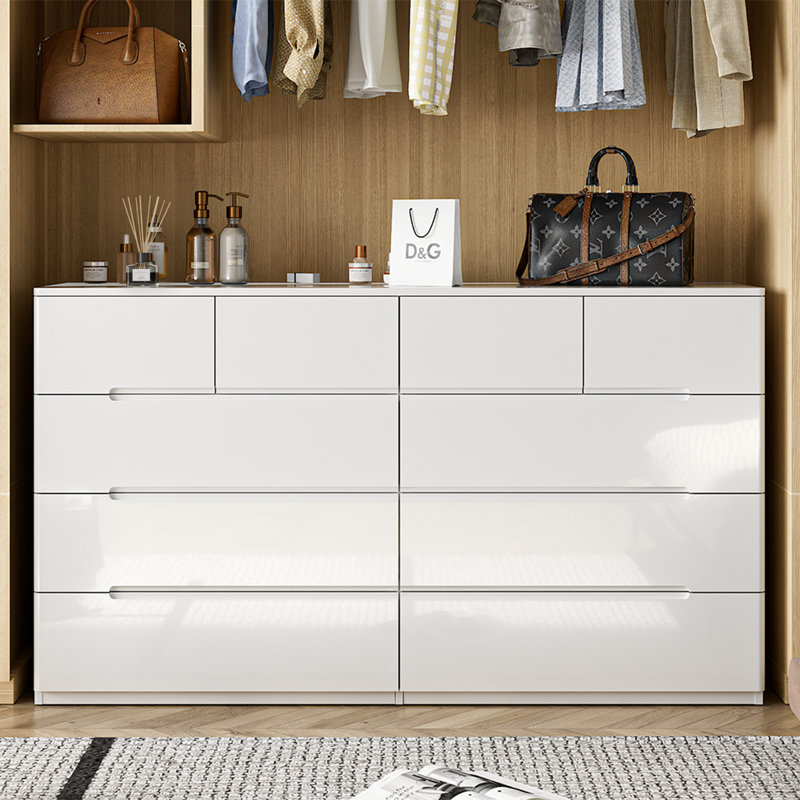 55" W High Gloss 10 Drawer Dresser, Modern Wide Storage Chest with Deep Drawers & Rounded Side Panels, White, White