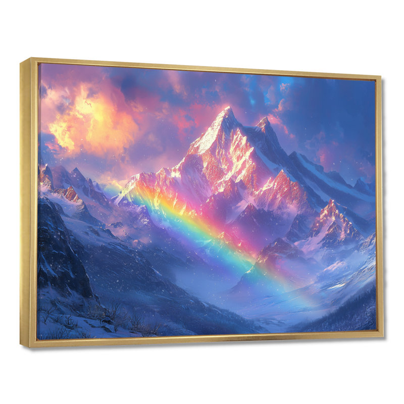 Arc-en-ciel et les montagnes enneigées II - art mural arc-en-ciel, H 12 po x l 20 po, Cadre flottant doré