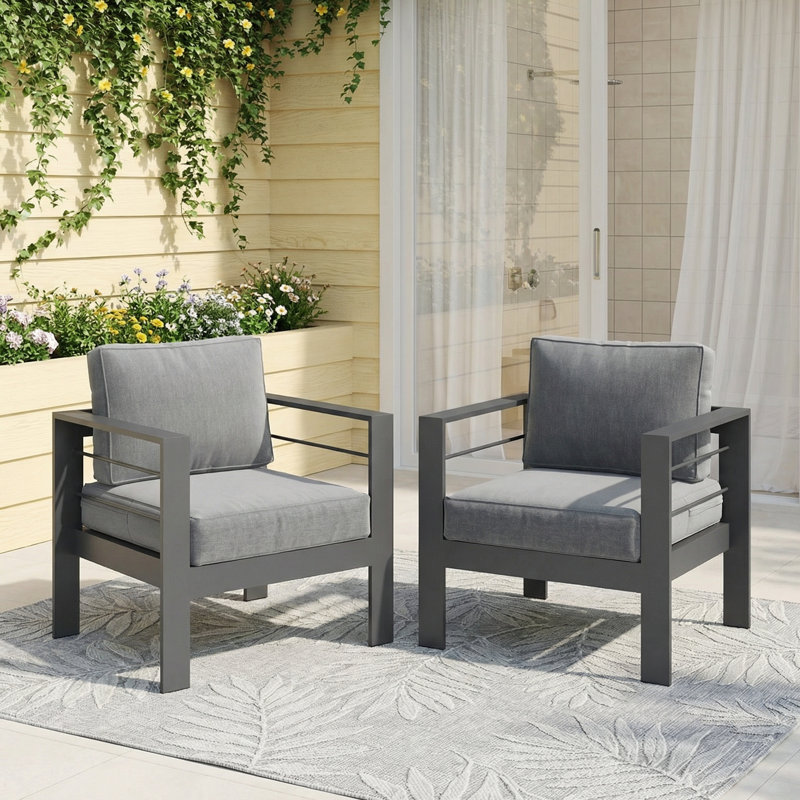 2 Piece Patio Aluminum Chair, Gray/Gray