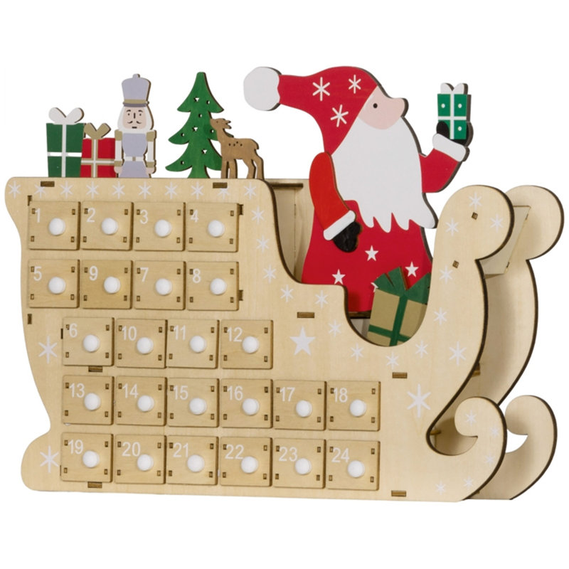 Calendrier de l'Avent de Noël - forme de traîneau du Père Noël, tiroirs à rebours 24 jours, bois naturel réutilisable (MDF), pré-assemblé pour bureau / manteau / foyer, l 8,9 po x l 3,1 po x H 14,2 po