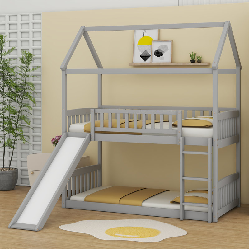 House Bunk Bed With Slide, Gray