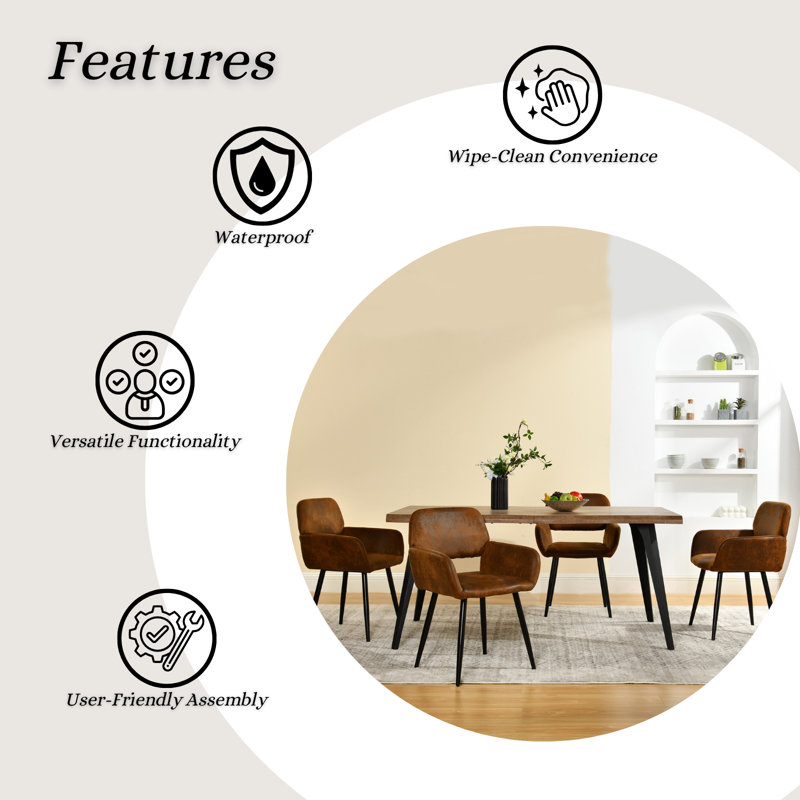 5-Piece Dining Set - Rectangular Table with Black Metal Legs and Suede Upholstered Armchairs For Kitchen Dining Room