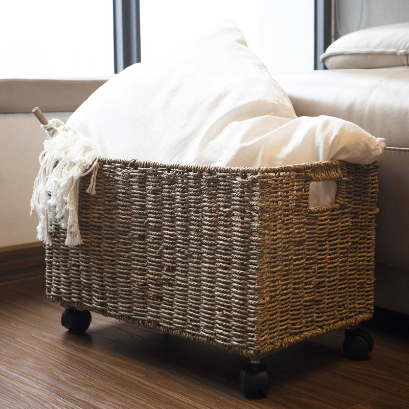 Natural Woven Rolling Storage Baskets With Wheels And Dividers, 2-Piece Nesting Set For Under Desk And Home Organization