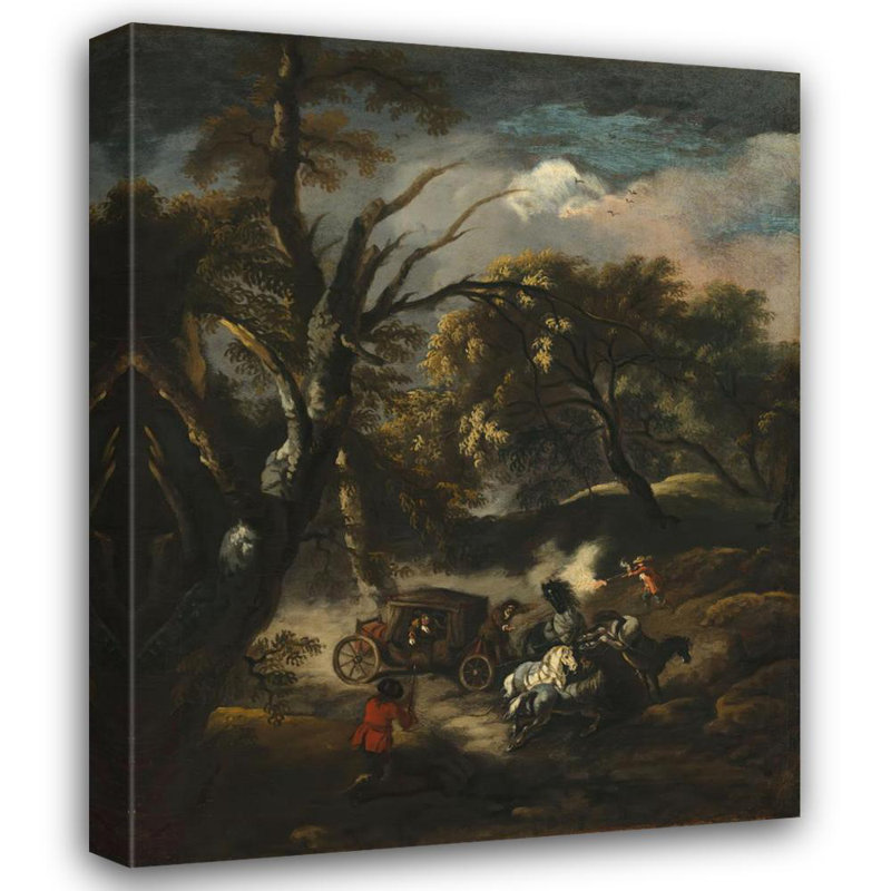 «A Wooded Landscape with Bandits Ambush a Carriot» par Pandolfo Reschi - Art mural sur toile tendue avec châssis