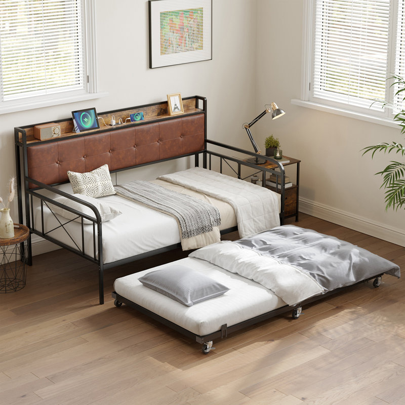 Storage Twin Daybed with Trundle, Upholstered Headboard, Metal Frame, and Built-in Charging Station, Brown