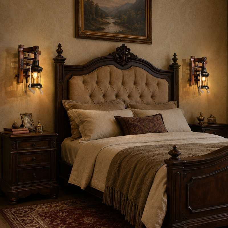 Applique murale rustique de style ferme, en bronze antique, de 23 cm (9 pouces), avec support en bois et abat-jour en verre transparent orné d'une cordelette décorative.