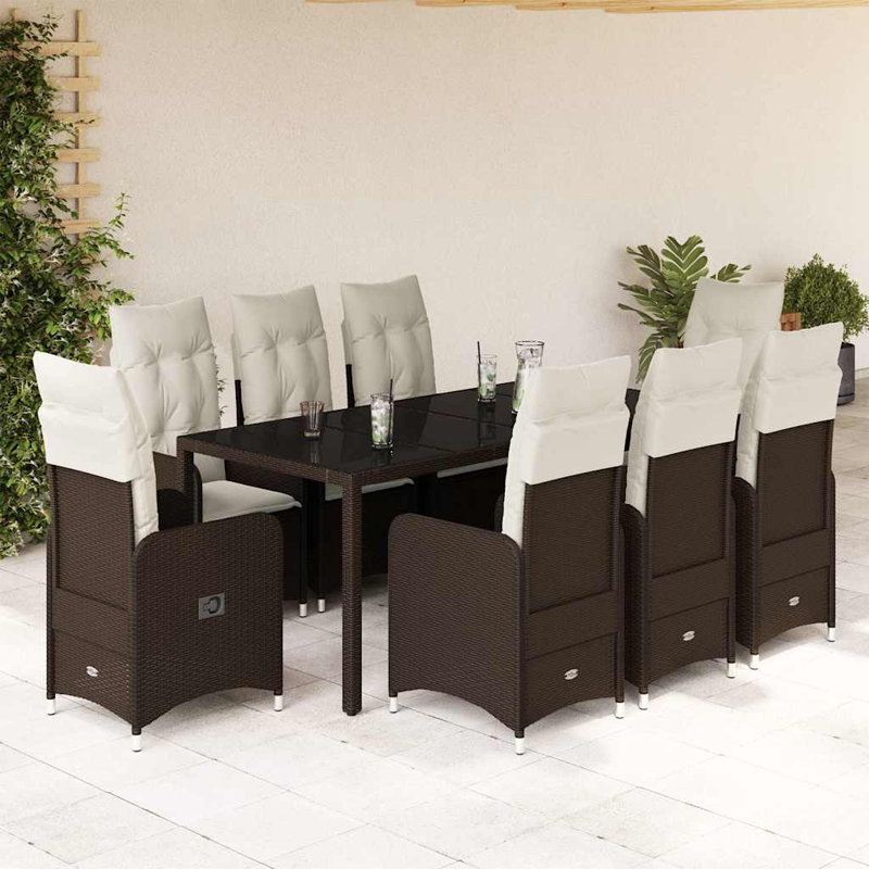 Ensemble bistro de patio avec coussins en rotin de polyester brun, H 29,5 po x l 135,4 po x P 35,4 po, 8