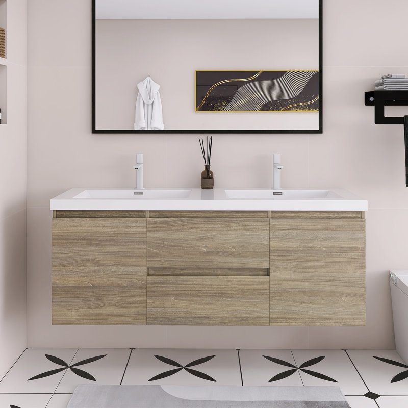 Meuble-lavabo double 60 po avec plateau en résine, Gris cendre