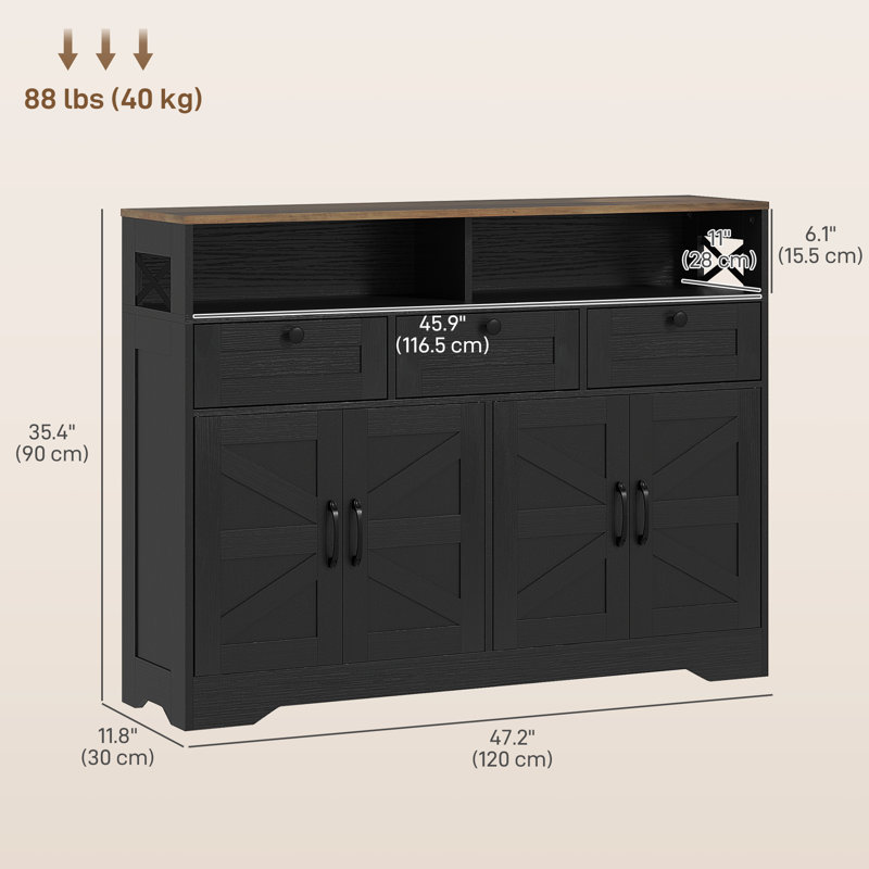 Buffet, buffet avec 4 portes de grange et 3 tiroirs, Noir, noir, noir, noir