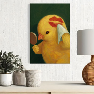 1pc Framed Canvas Wall Art Prints Poster, Little Yellow Duck, Lipstick Kiss in the Mirror Self-Portrait, Surreal Oil Painting Style Art Posters Canvas