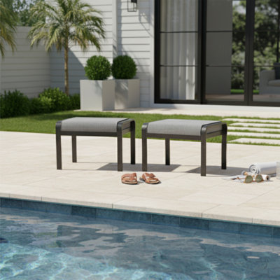 Outdoor Aluminum Patio Ottoman with Cushion, Powder-Coated Frame & Non-Slip Feet, Converts to Small Table
