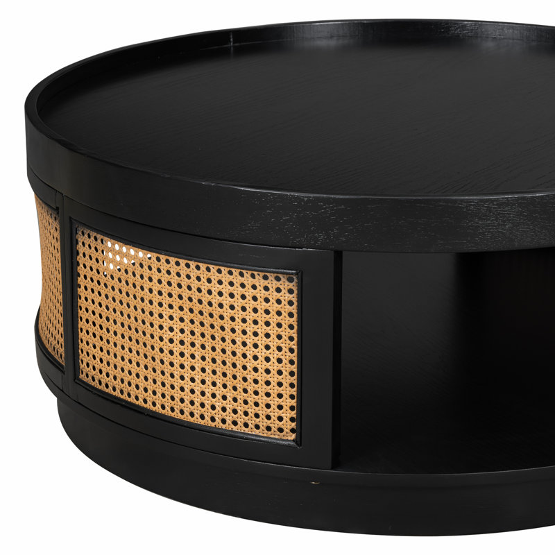 Table basse ronde en canne avec côtés en rotin PE, Noir