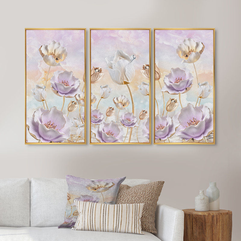 «Blossoming Flowers in Pastel Tones», reproduction sur toile flottante 3 pièces, H 28 po x l 36 po x P 1 po, Cadre doré