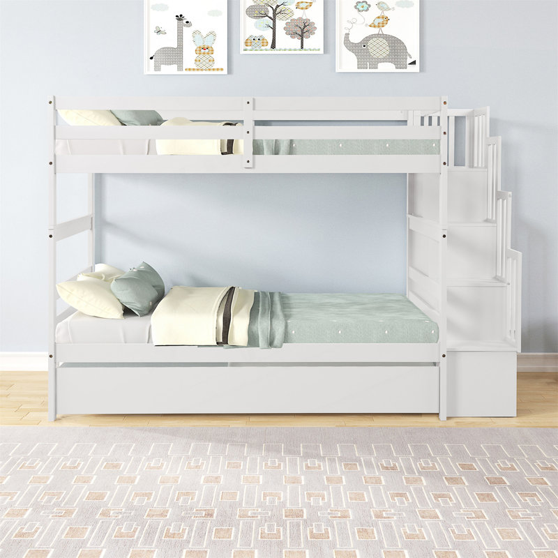 Lits simples superposés avec lit gigogne simple et fonction de rangement pour escalier