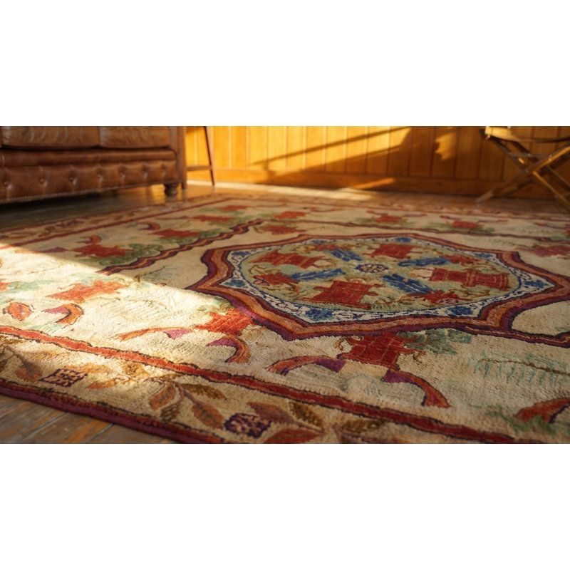 Square Shape Room Size Ivory Antique Chinese Rug Influenced Design Antique American Hooked Rug