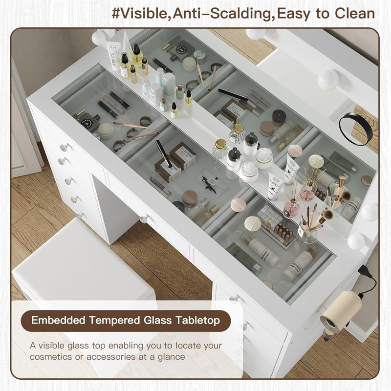 Vanity Desk with Charging Station, Makeup Desk with Lights Mirror and 11 Drawers, Vanity Table with Chair,Vanity Set 3 Lighting Modes Brightness Adjustable
