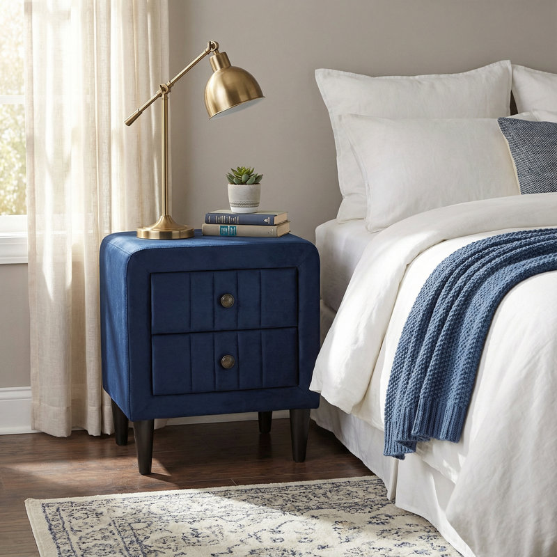 22-inch Soft Upholstered Nightstand With 2 Drawers, Velvet Bedside Table, Navy Blue