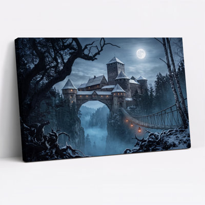 Art mural sur toile d'Halloween au clair de lune, château en pierre sur falaise brumeuse