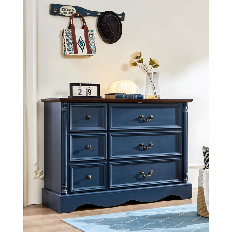 Commode à 6 tiroirs de 47 po de large avec commode de chambre anti-basculement, Bleu/brun