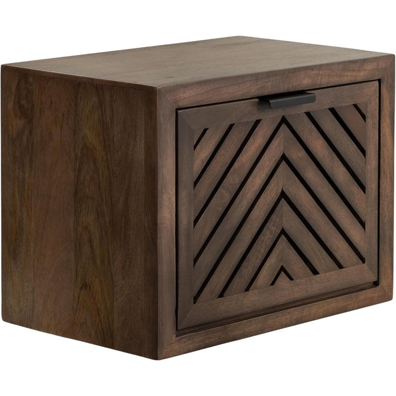 Modern Floating Shelf Side Table With Storage Cubby, Natural Wood, Decorative Slatted Wood Floating Nightstand With Pull Down Door For Use As Bathroom Storage