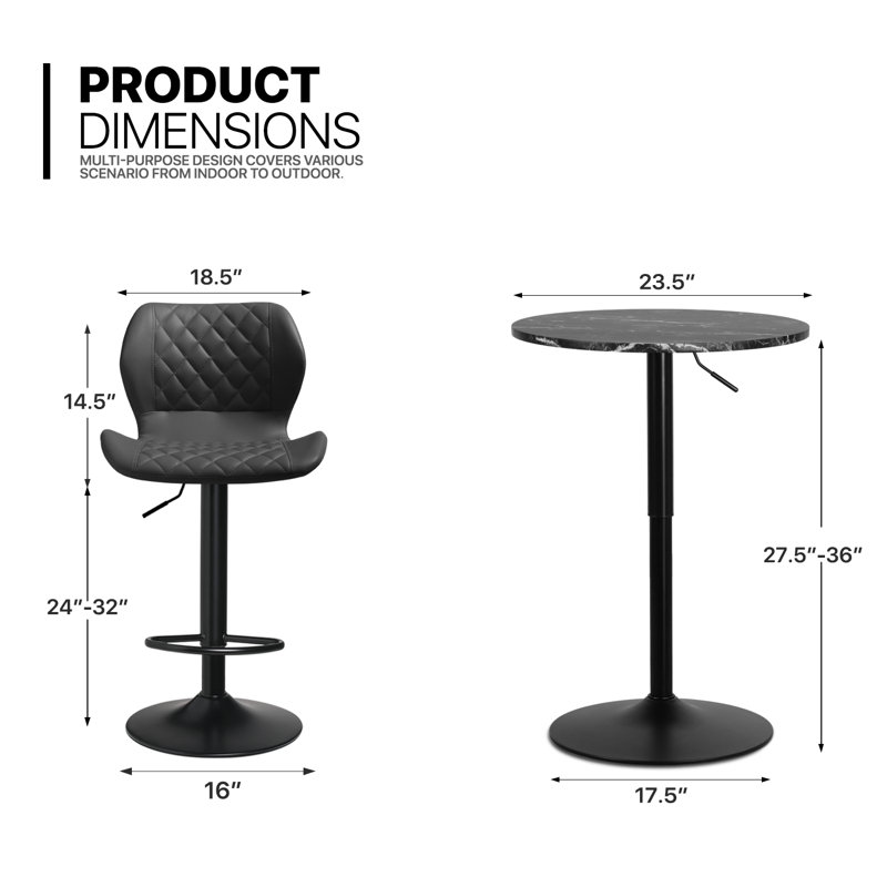 Moaid 3 Piece Height-adjustable Pub Table and Leathered Pedestal Bar Stool Dining Set, Black, Black Rock