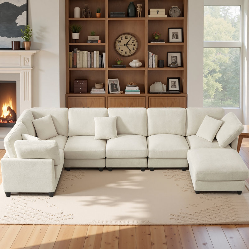 7-seater U-shaped combination upholstered sofa, Beige Velvet
