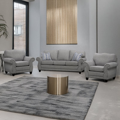 Barry Fabric Sofa & Two Chair Set, Gray