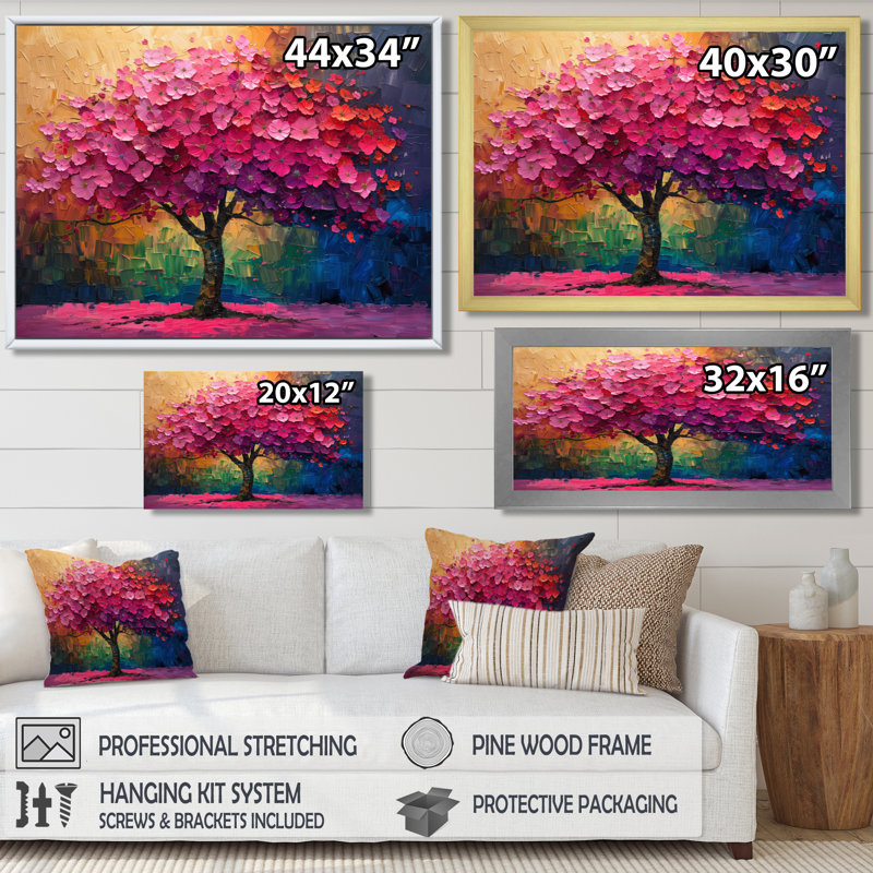 Rose et bleu vibrant cerisier de la vie I - art mural salon cerisier en fleurs, Toile argentée avec cadre flottant