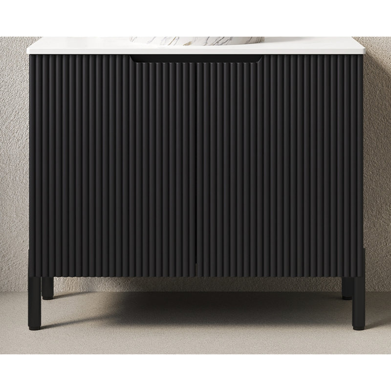 Armoire autoportante sans lavabo 30 po TURIO, avec comptoir en pierre frittée blanc Carrara et 2 portes, noir, Noir
