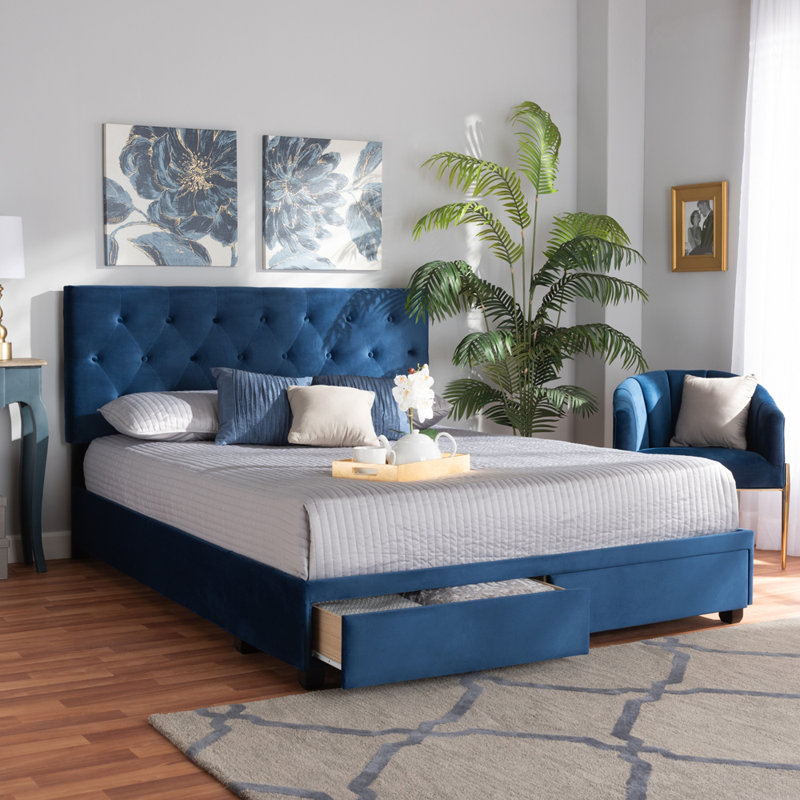 Lit plateforme tapissier avec rangement à profil bas Plattsmouth, Très grand, Bleu marine