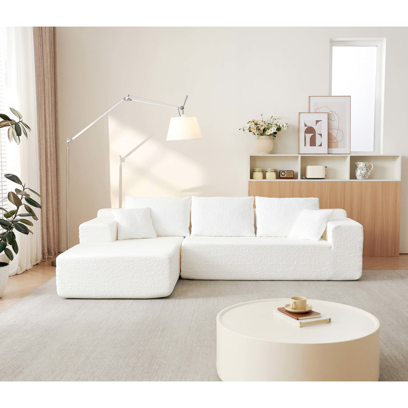 Canapé Cloud, méridienne en L, chenille innovante, siège profond, canapé modulaire à cinq coussins, chenille blanche modulaire, sans assemblage, facile à restaurer, compression à vide