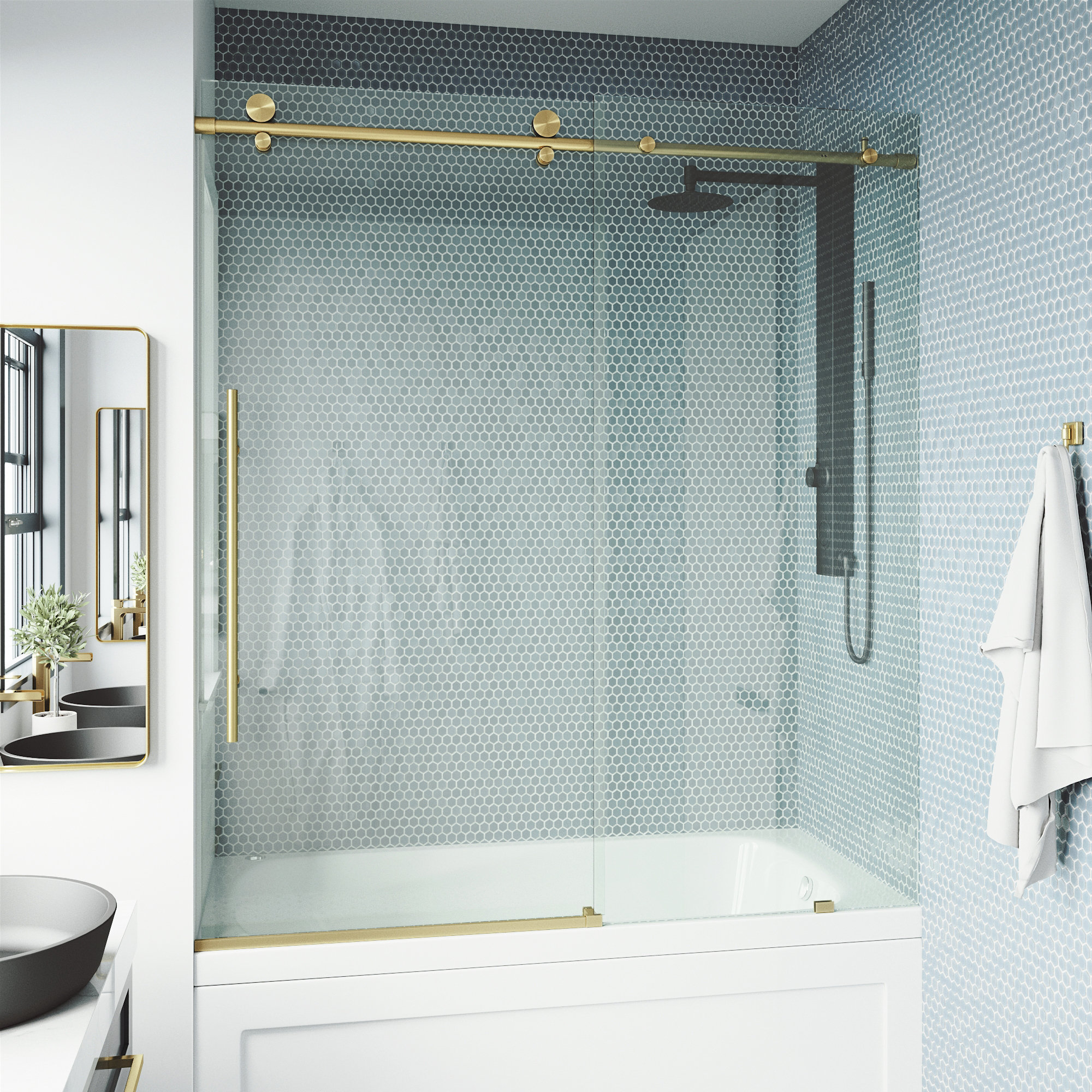 Elan E-Class 56-60" W x 66" H Sliding Frameless Tub Door with 3/8" Clear Glass, Matte Gold