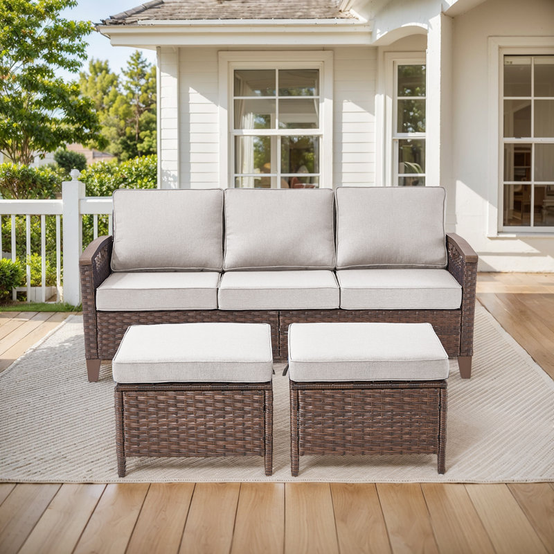 Arundel 73.2-Inch Wide Outdoor Courtyard Woven Rattan Sofa With Ottomans, Cushions Included, Beige